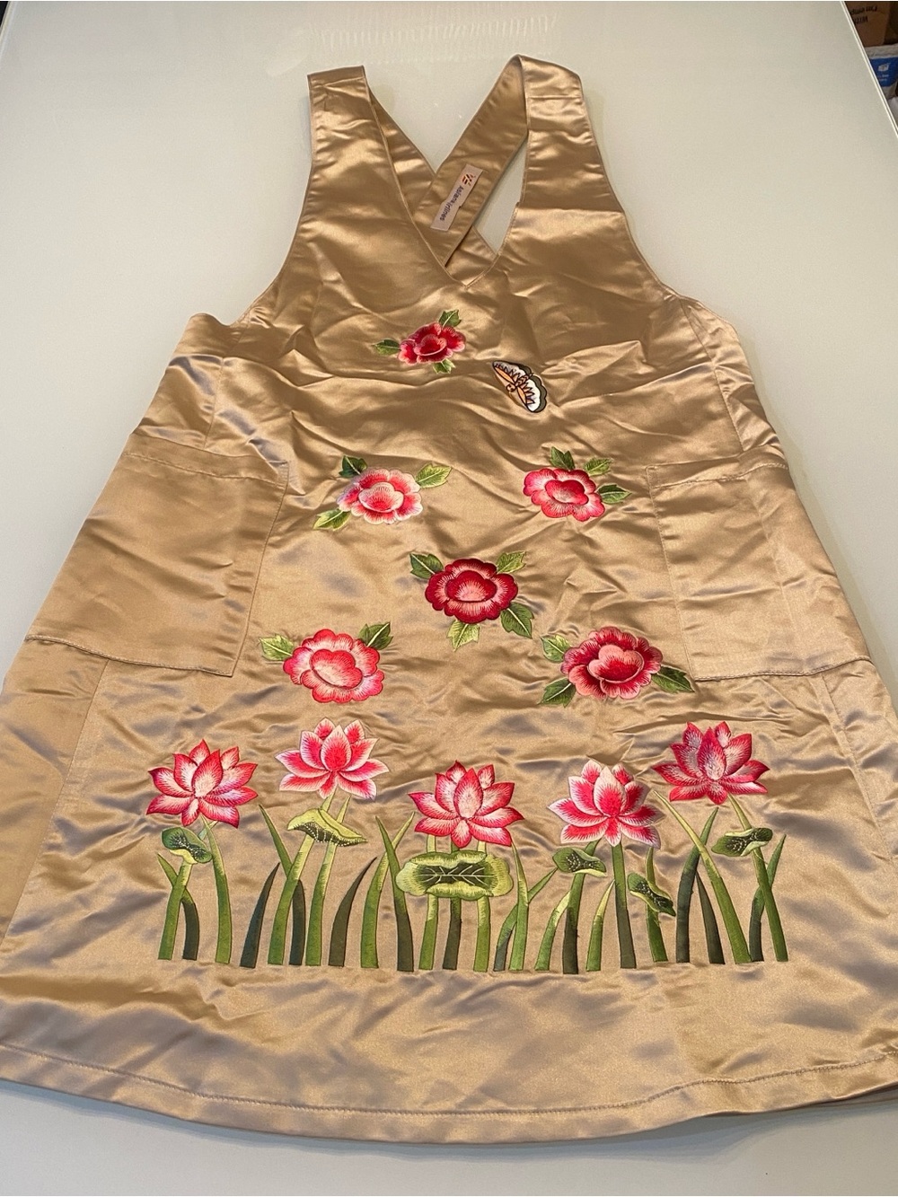 Vintage Asiana Airlines Flight Attendant Silk Satin Floral Embroidered Apron XL
